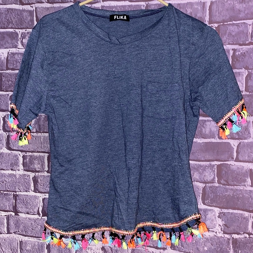 Flika brand navy blue shirt with colored tassels in a size medium.